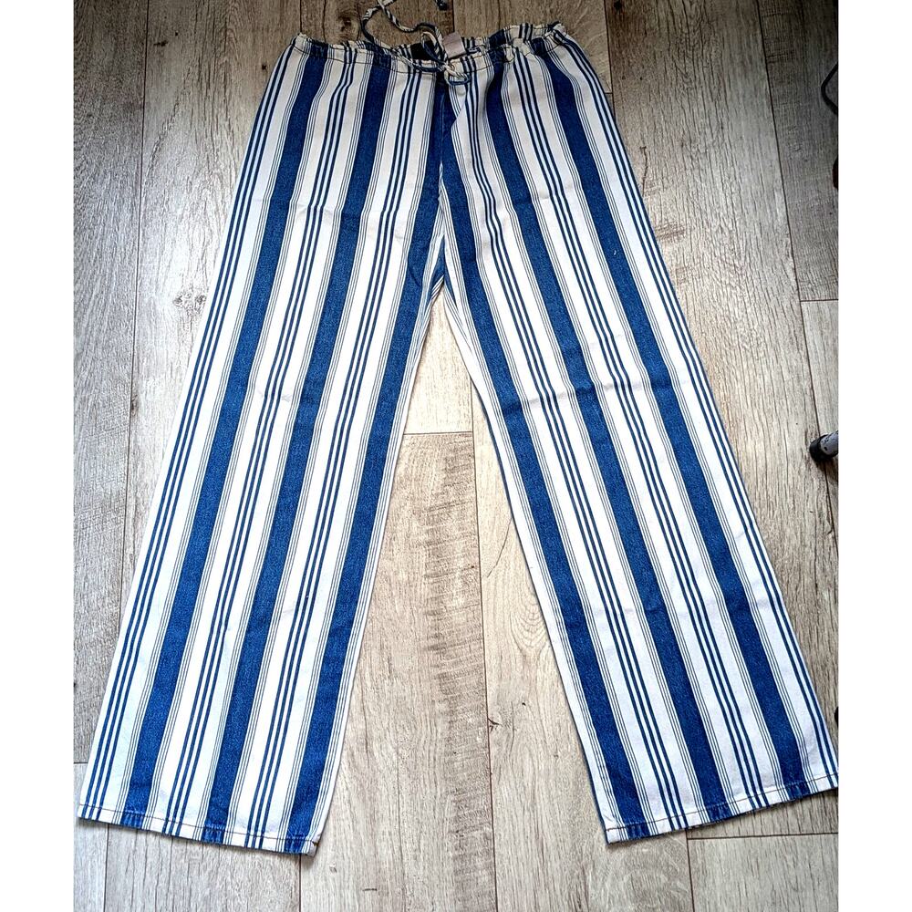 Juicy Couture Blue White Cotton Striped Wide Leg Lounge Pants Sz 28 Low Rise Y2K